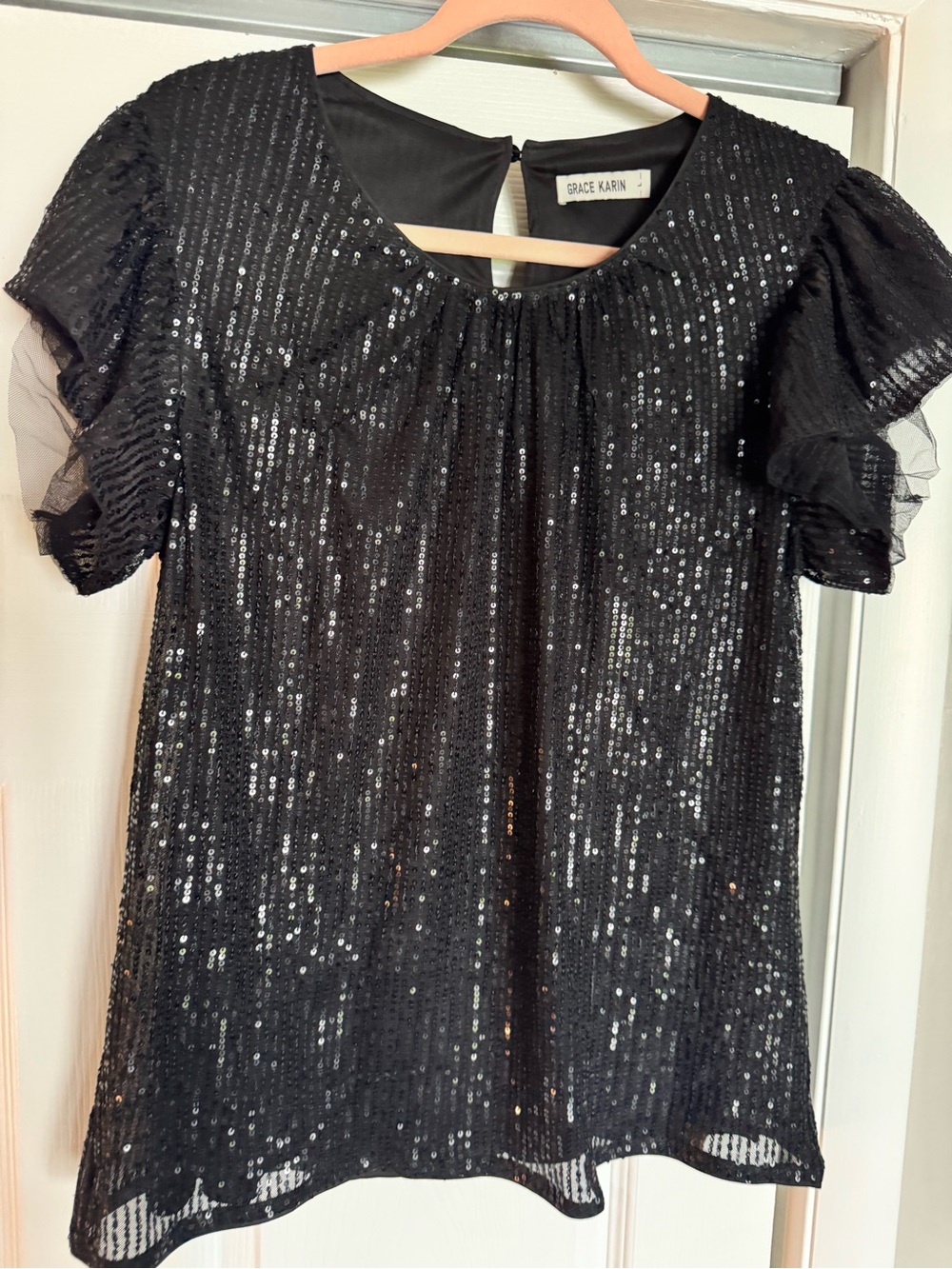 Grace Karin Black Sequin Top Sheer Ruffle Puff Sleeves Party Blouse size L